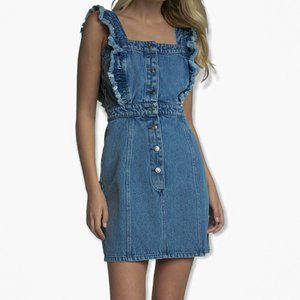 Elan Women's Size S Sleeveless Ruffle Detail Denim Button-Up Mini-Dress Blue
